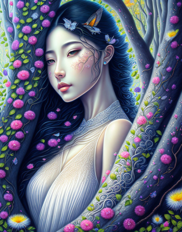 Illustrated portrait of ethereal woman with flowers, butterfly, and intricate attire.
