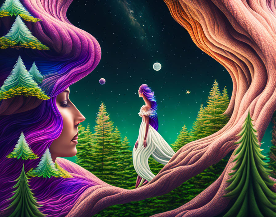 Surreal illustration: Woman with purple hair in whimsical landscape