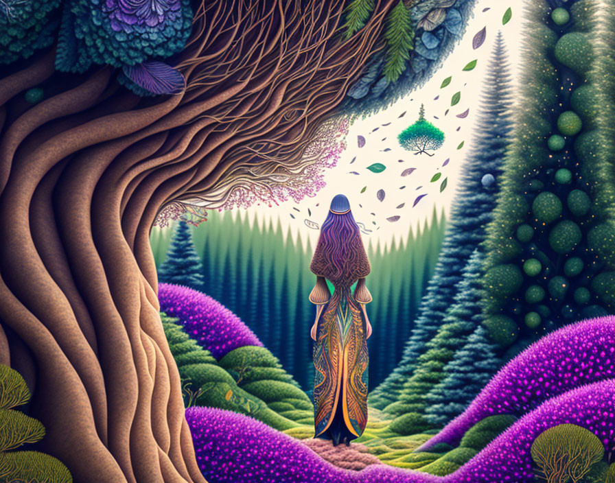 Colorful surreal landscape with figure in cloak before lush forest and oversized tree.