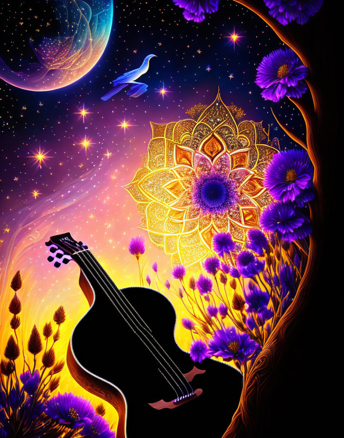 Colorful artwork showcasing guitar, mandala, flowers, bird, and celestial scene