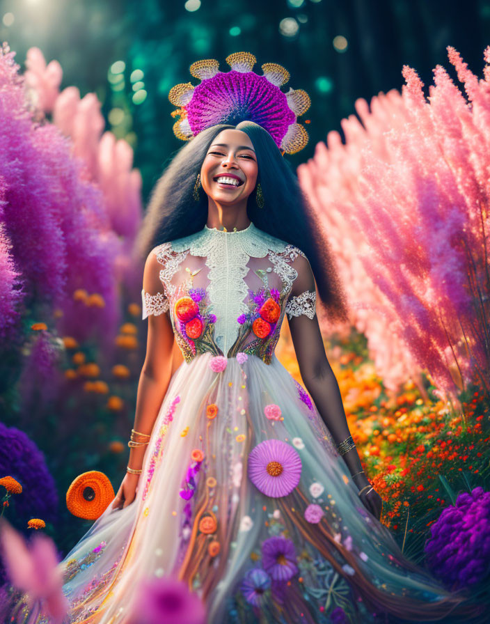 Colorful woman in floral dress with headdress among vibrant flowers and sunlit trees