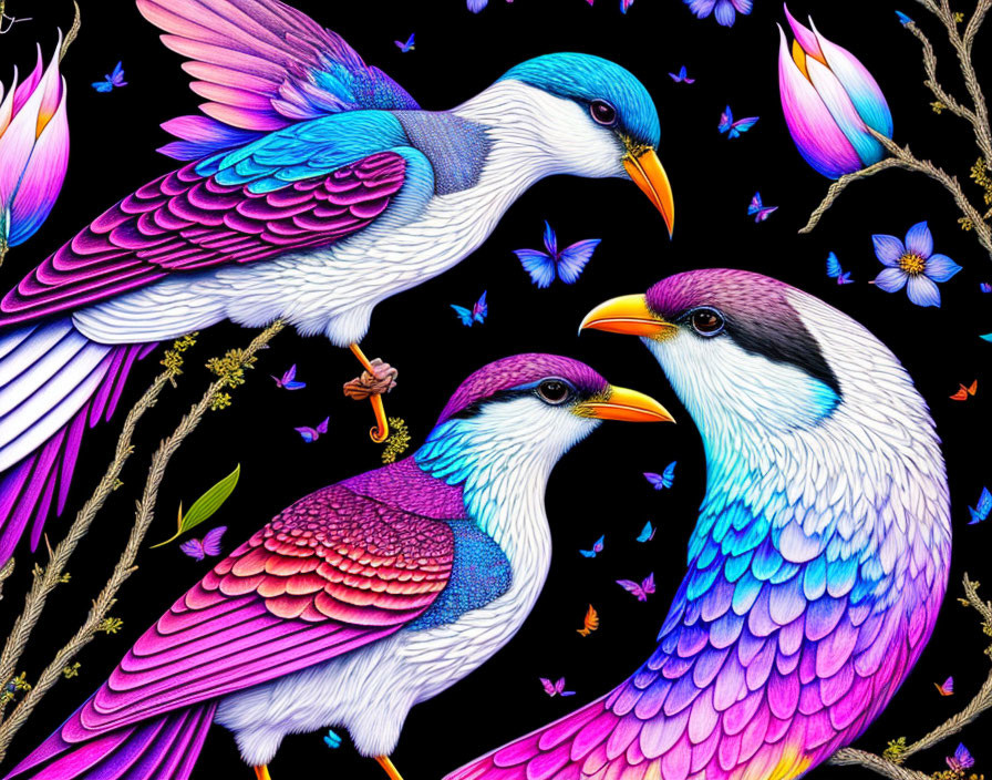 Colorful Birds and Floral Illustration on Black Background