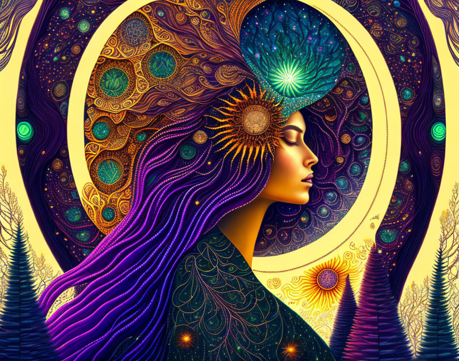 Vibrant illustration of woman with purple hair and sun crown in celestial forest setting