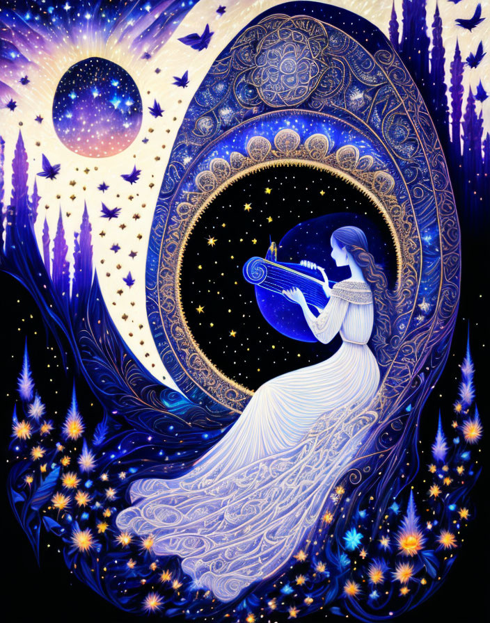 Ethereal woman with scroll in cosmic tapestry on starry backdrop