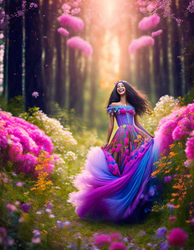 Colorful Woman in Flowing Dress Among Pink and White Flowers in Sunlit Forest
