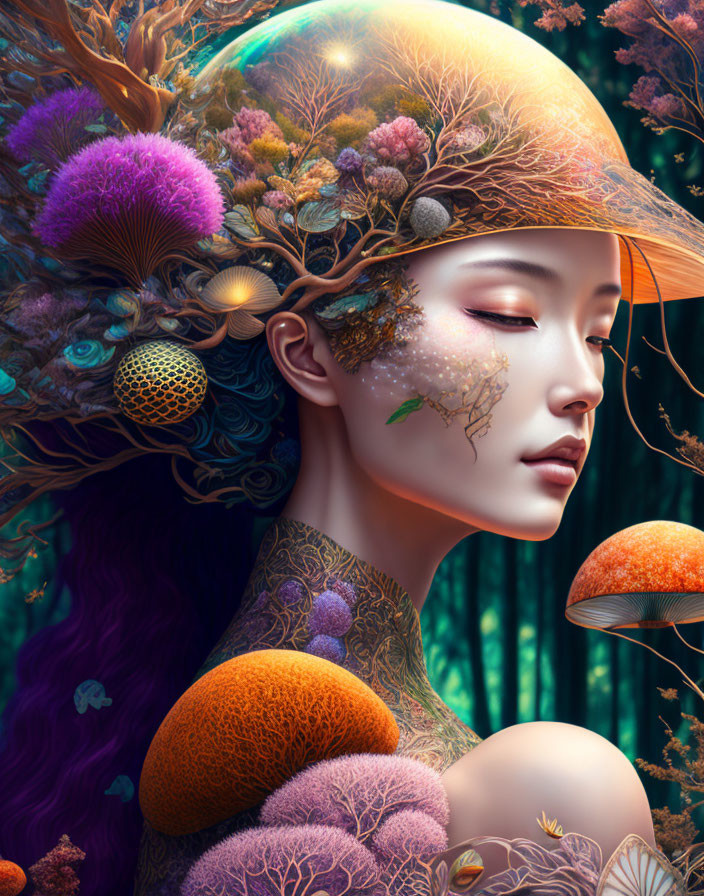 Surreal artwork featuring woman with forest ecosystem elements