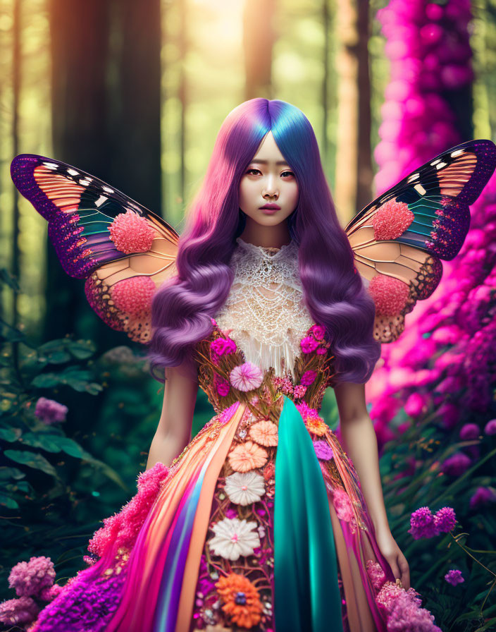 Colorful Woman with Purple Hair and Butterfly Wings in Enchanting Forest