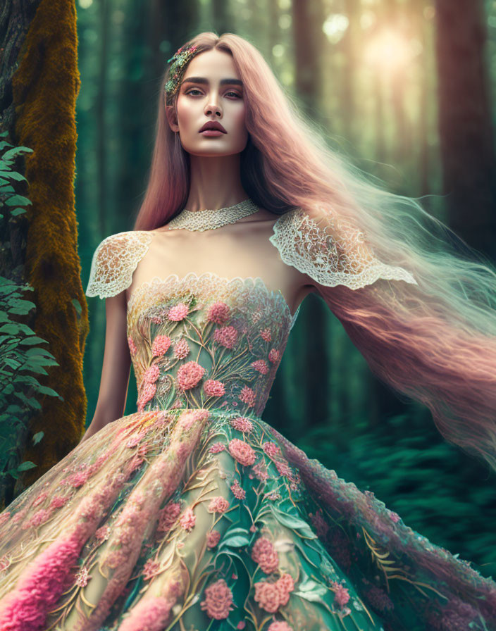 Woman in Floral Gown Stands in Mystical Forest