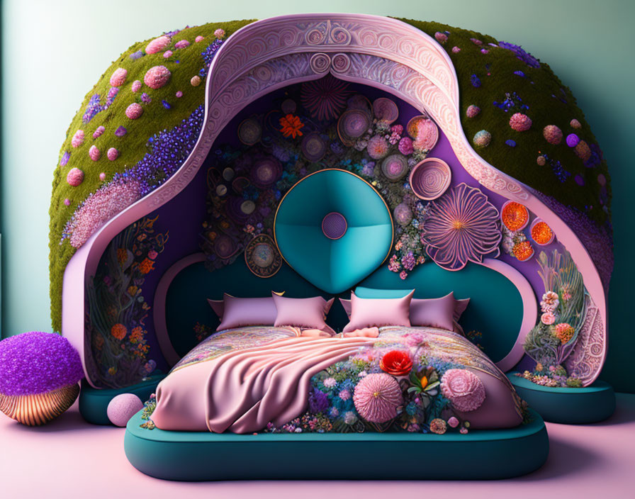 Colorful Floral-Themed Bedroom with Shell-Shaped Headboard