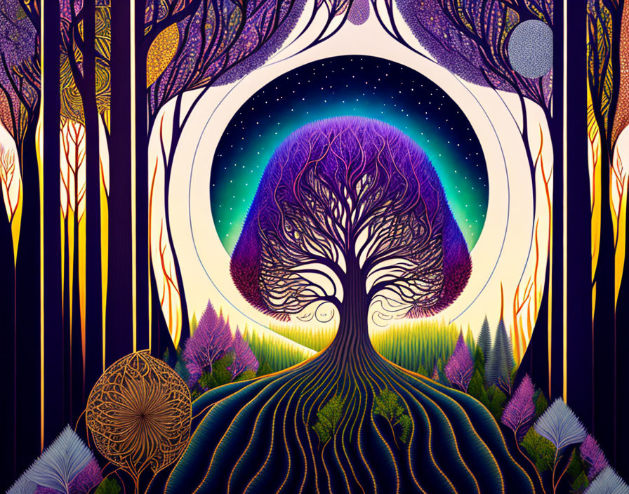 Colorful Psychedelic Tree Illustration in Circular Frame
