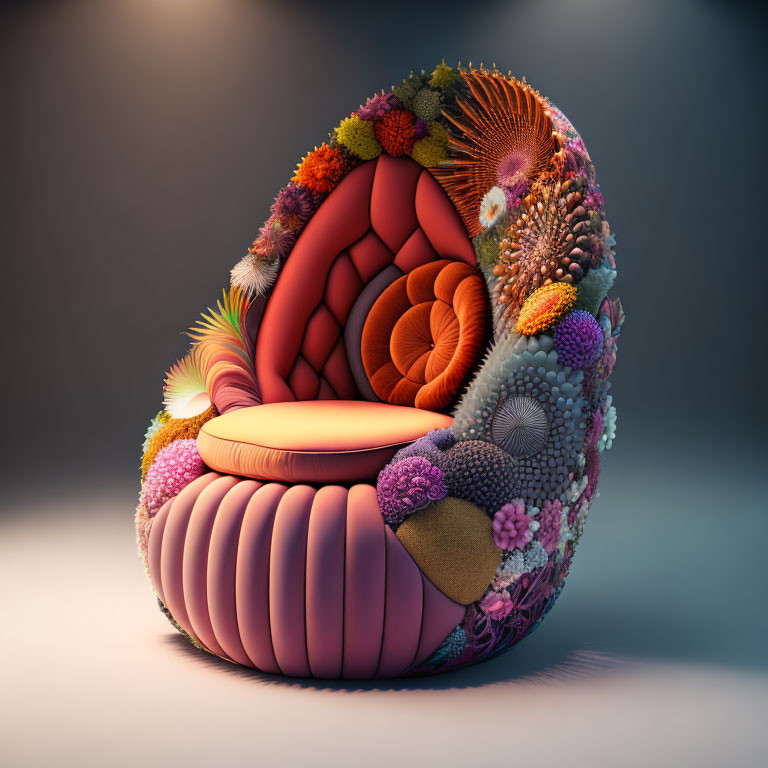 Colorful Shell-Like Chair with Vibrant Cushions and Floral Patterns