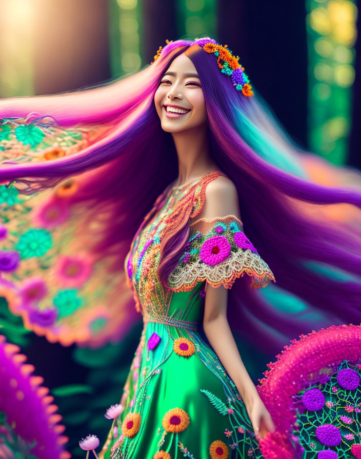 Vibrant woman with purple hair twirling in colorful floral dress among vivid flowers