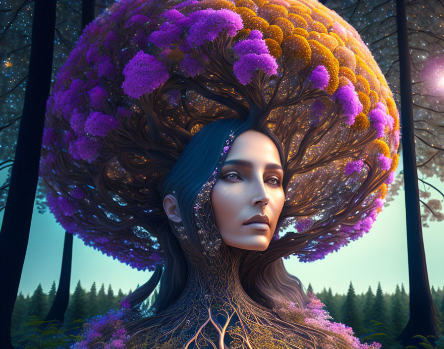 Surreal portrait: Woman with tree hair in vibrant purple foliage forest