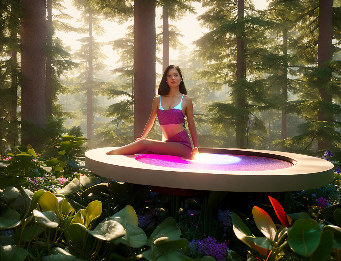 Woman sitting on futuristic platform in lush forest under warm sunlight