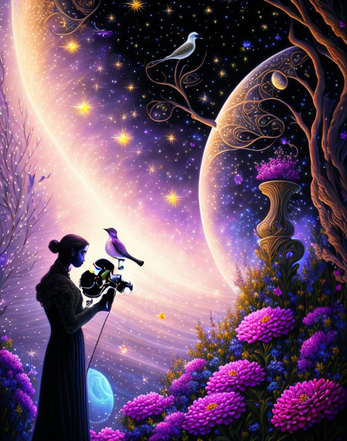 Colorful illustration of woman playing violin with bird in magical night scene