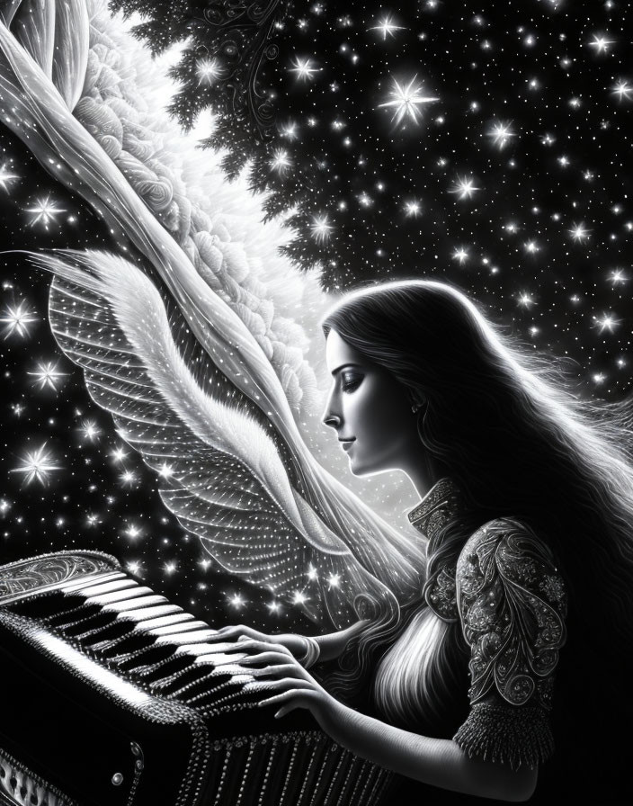 Winged female figure playing grand piano in cosmic setting