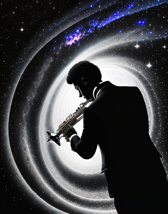 Saxophonist silhouette against cosmic backdrop with swirling stars