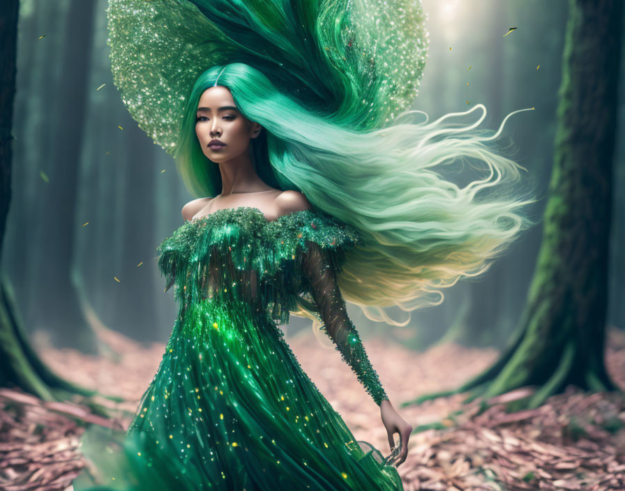 Ethereal woman with green hair in misty forest scene