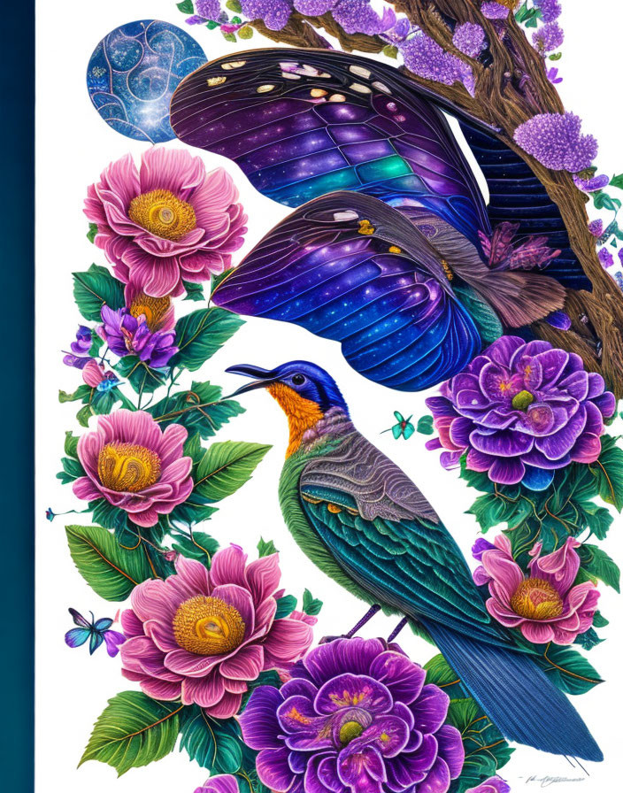 Colorful artwork: Bird with cosmic wings among purple flowers and celestial background