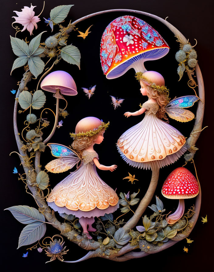 Fantasy illustration: Fairy children with vibrant mushrooms in ornate oval frame