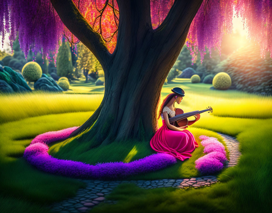 Woman in Pink Dress Playing Guitar Under Blossoming Tree at Sunset