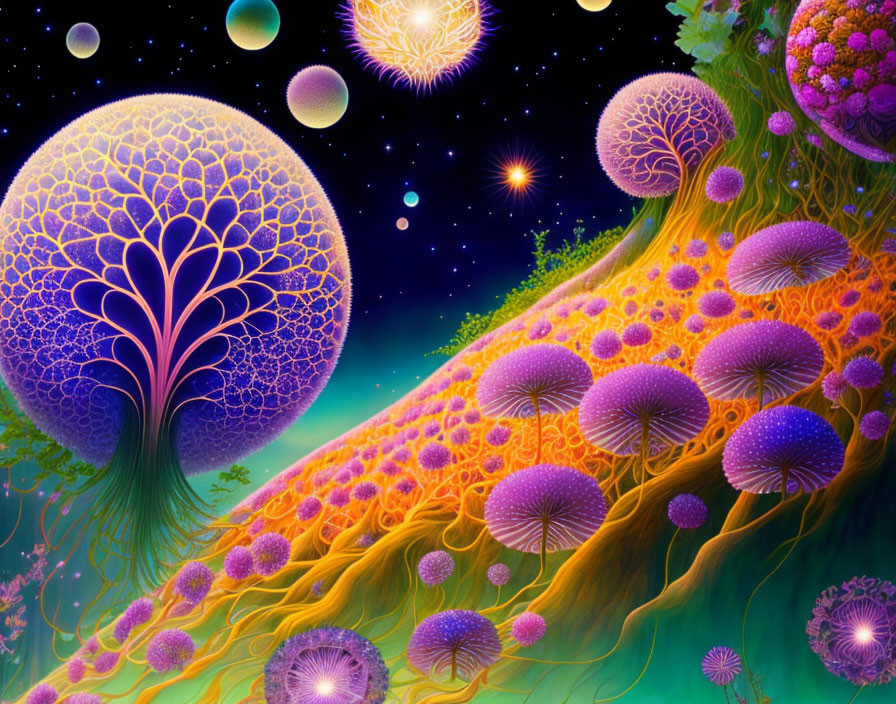 Colorful Psychedelic Tree Illustration with Spheres and Mushrooms