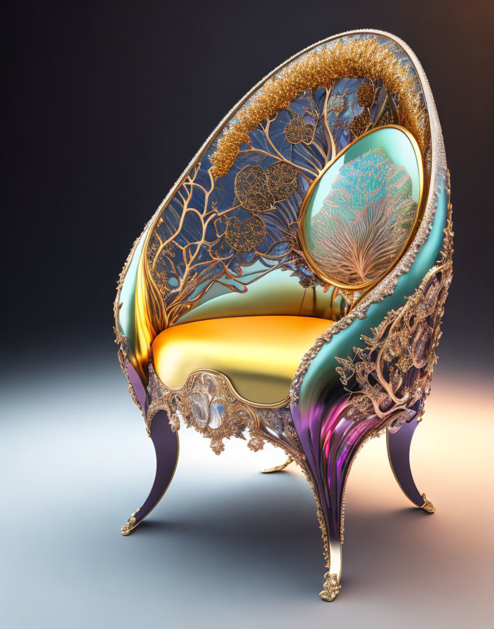 Luxurious Baroque-Style Chair with Vibrant Colors and Intricate Tree-Like Patterns