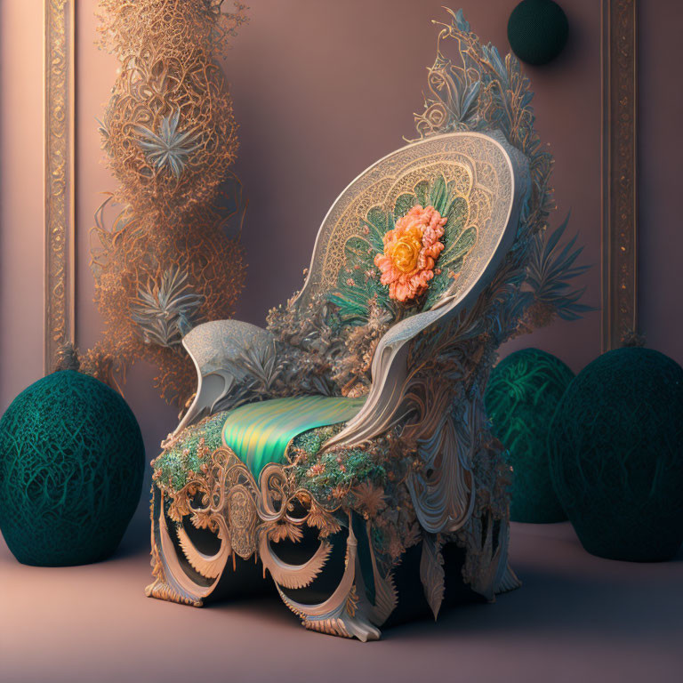 Baroque-style ornate chair with floral patterns and green cushion in room with pink wall