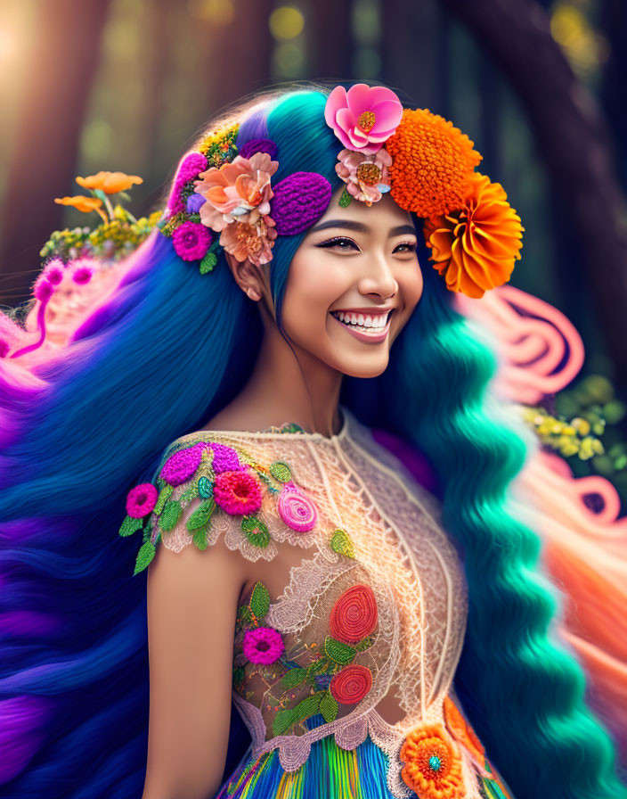 Colorful Blue-Haired Woman Surrounded by Forest and Flowers