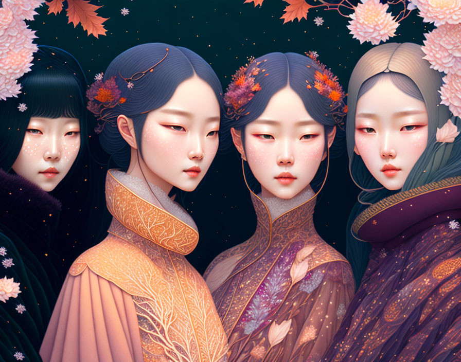 four women as Winter woman, Spring woman, Autumn w
