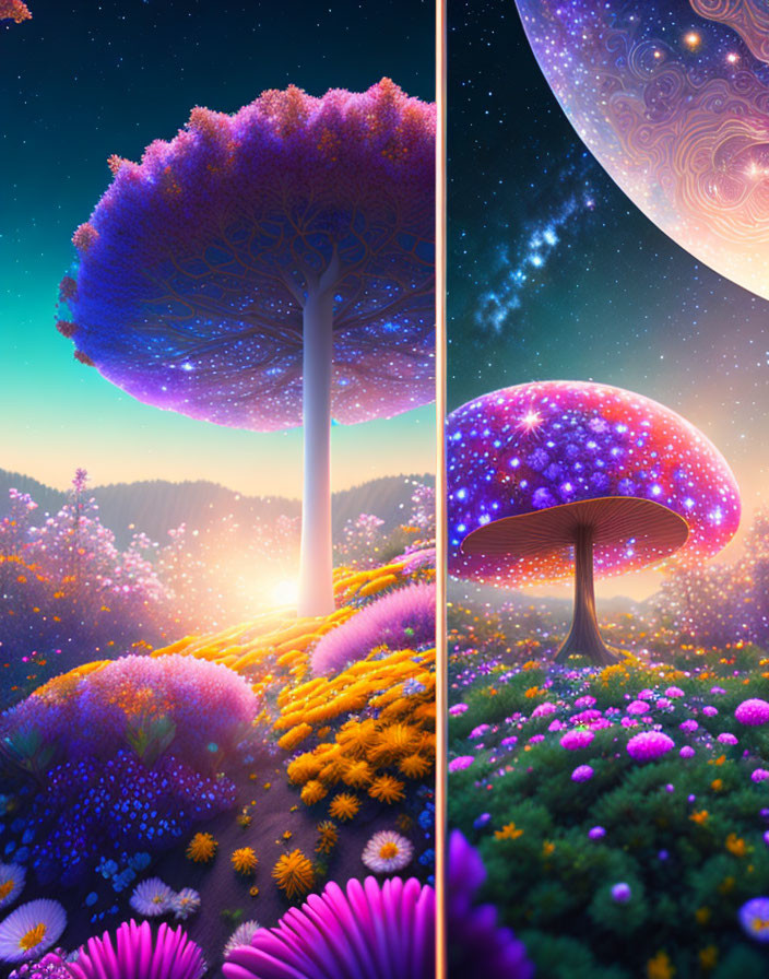 Digital artwork: Split fantasy landscape with oversized tree and giant mushroom under starry sky