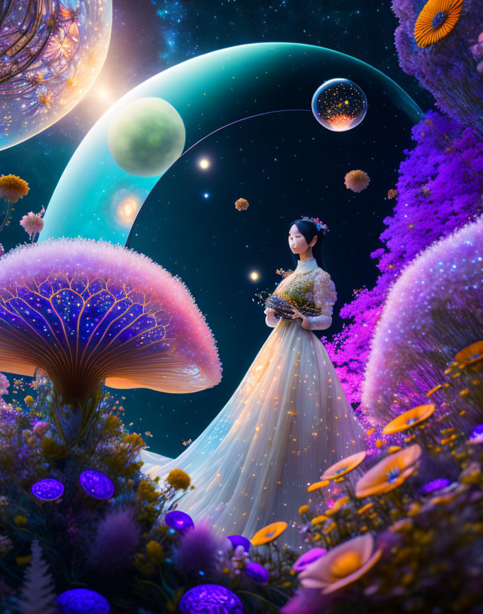 Woman in flowing dress surrounded by vibrant flora and celestial bodies