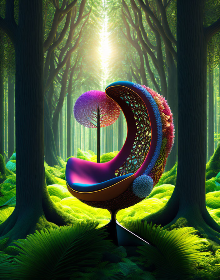 Colorful Tree-Like Chair in Surreal Forest Setting
