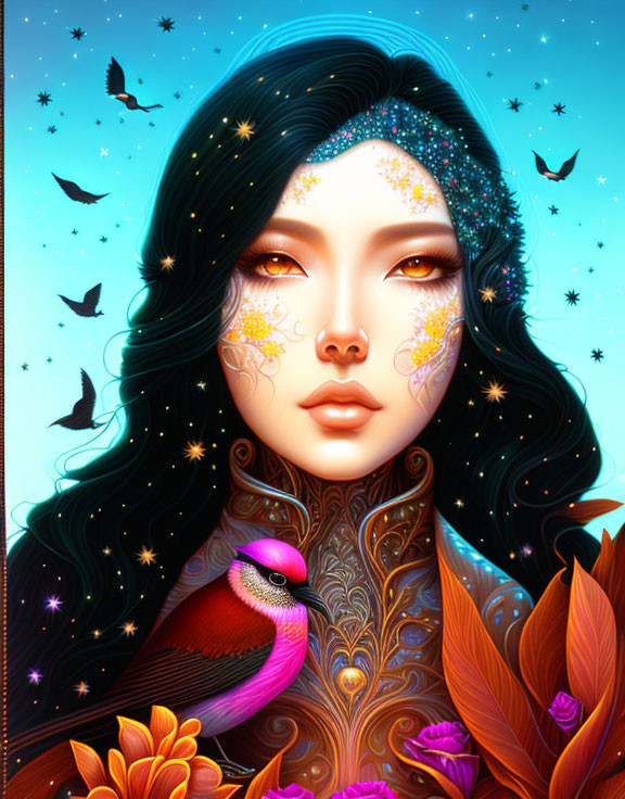 Vibrant illustration of woman with starry night hair and birds in colorful scene