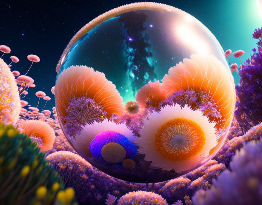 Colorful oversized flora and reflective orb in surreal landscape