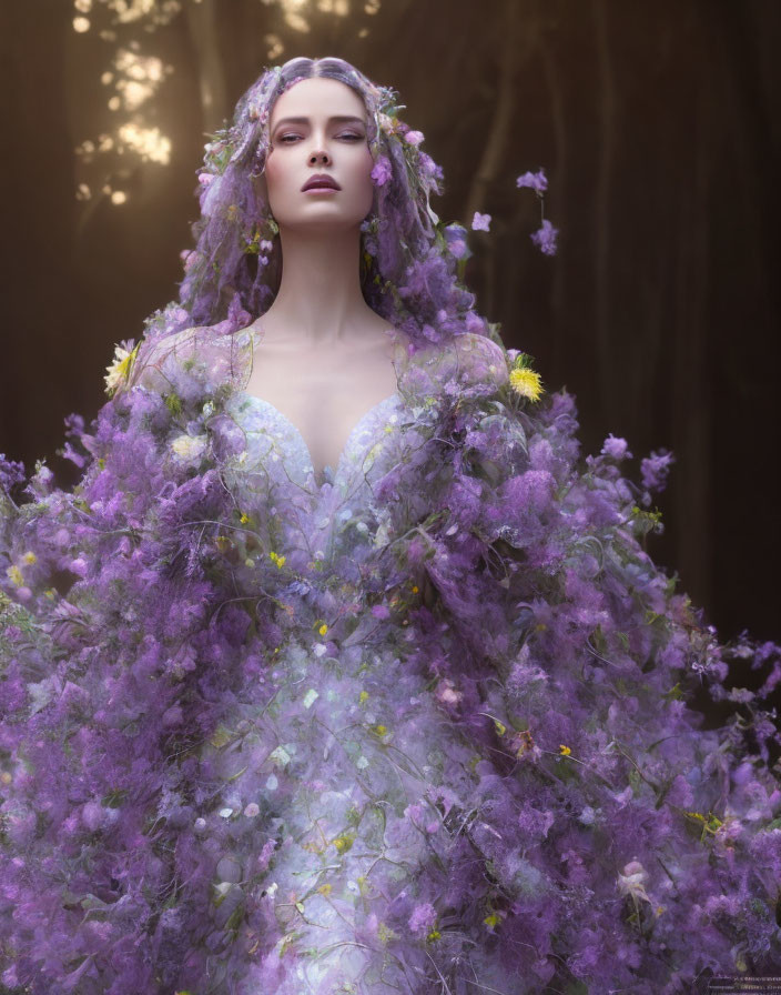 Woman with lilac floral makeup in purple flower gown amidst ethereal haze
