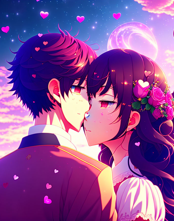 Animated couple in romantic setting with floating hearts and crescent moon