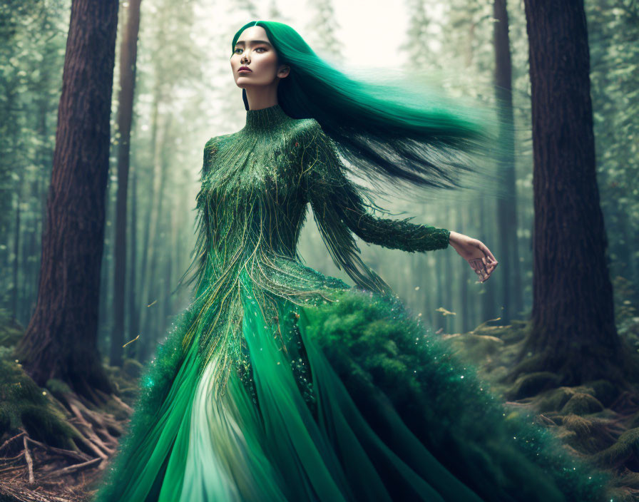 Woman in green dress surrounded by misty forest with flowing hair