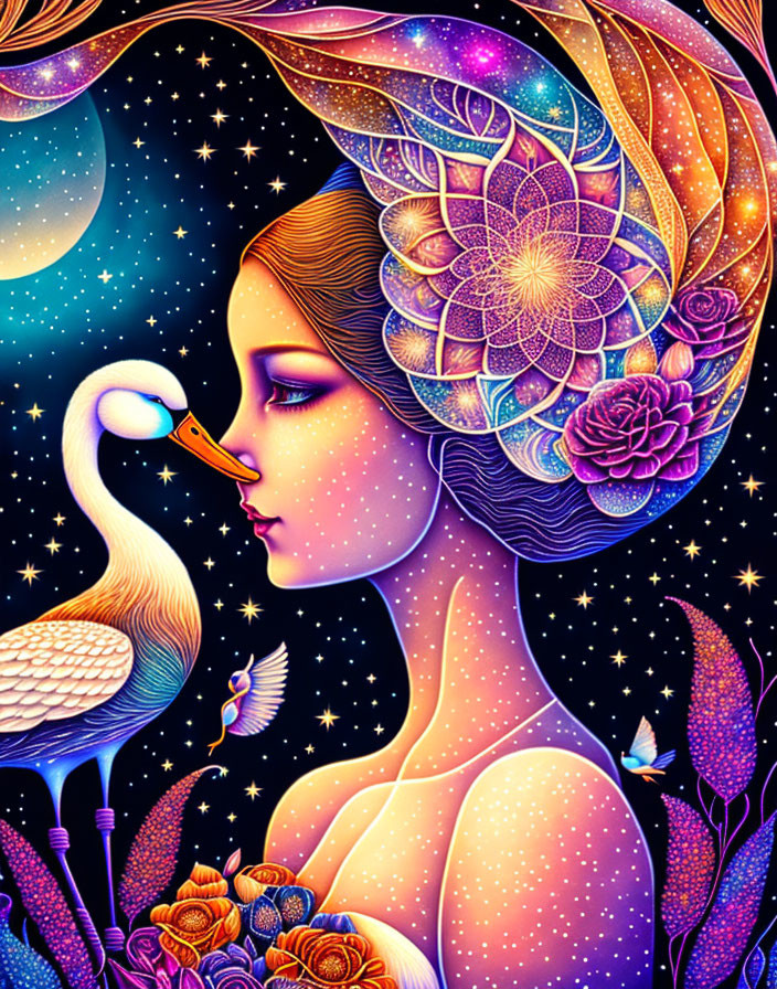 Colorful illustration of woman with headdress, swan, stars, flowers, butterflies