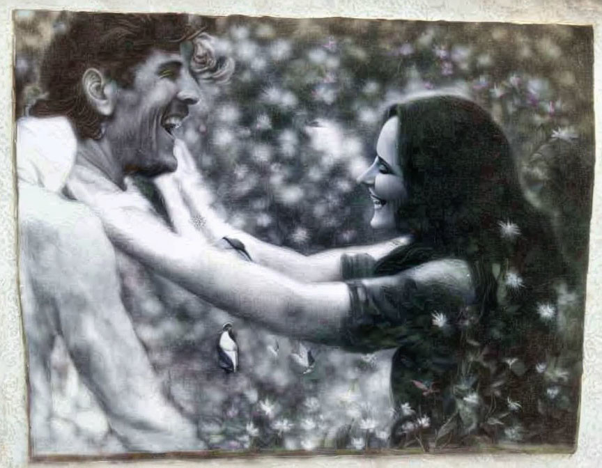 Monochrome sketch of joyful couple embracing in flower-filled setting