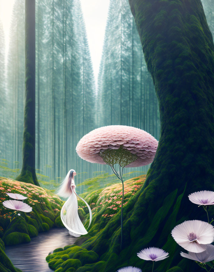 Ethereal figure in white in serene fantasy forest