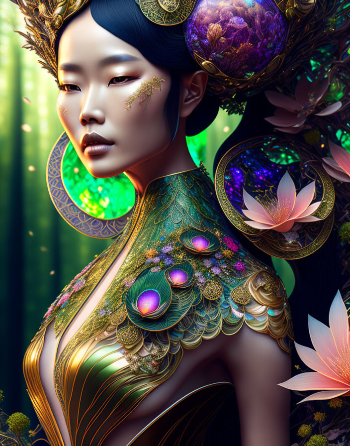 Digital Artwork: Woman with Peacock Feather Armor in Forest