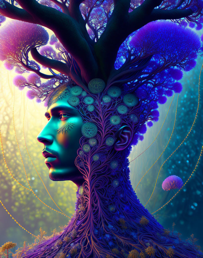 Figure with Tree Hair in Vibrant Forest Scene: Purple and Blue Tones
