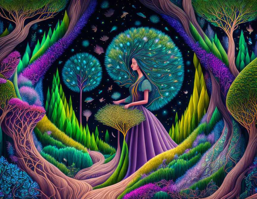 Illustration of woman merging with nature under starry sky