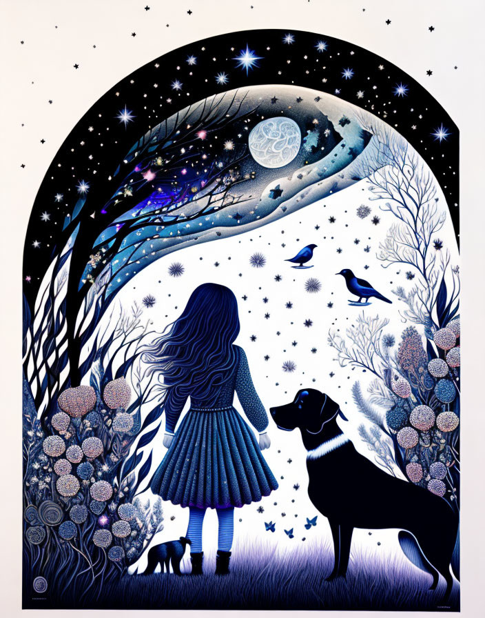Girl and dog under starry night sky framed by archway, trees, flowers, and birds