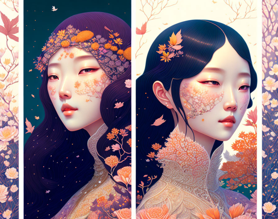Illustrated portraits of Asian female with floral hair against starry and autumnal backgrounds