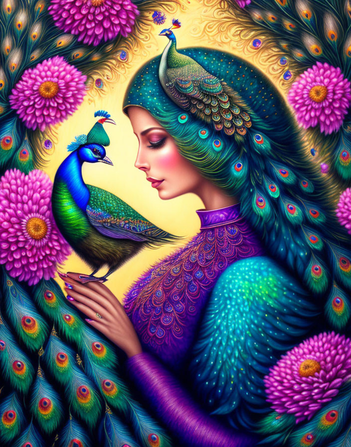 Colorful artwork of woman with peacock features and flowers in vibrant blend of fantasy and realism