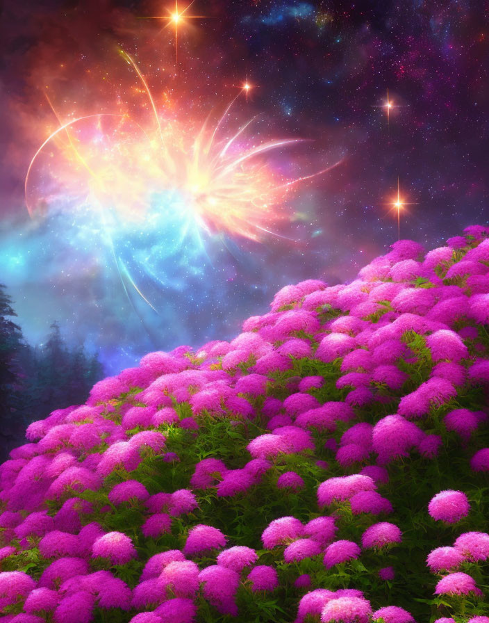 Vibrant cosmic event over lush hill of pink flowers & starry sky