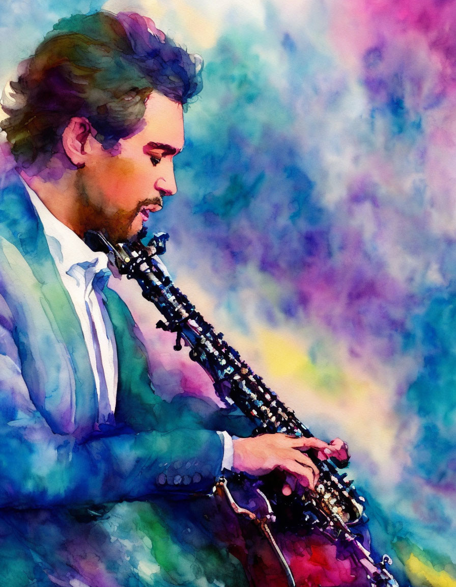 Colorful Watercolor Painting of Man Playing Saxophone