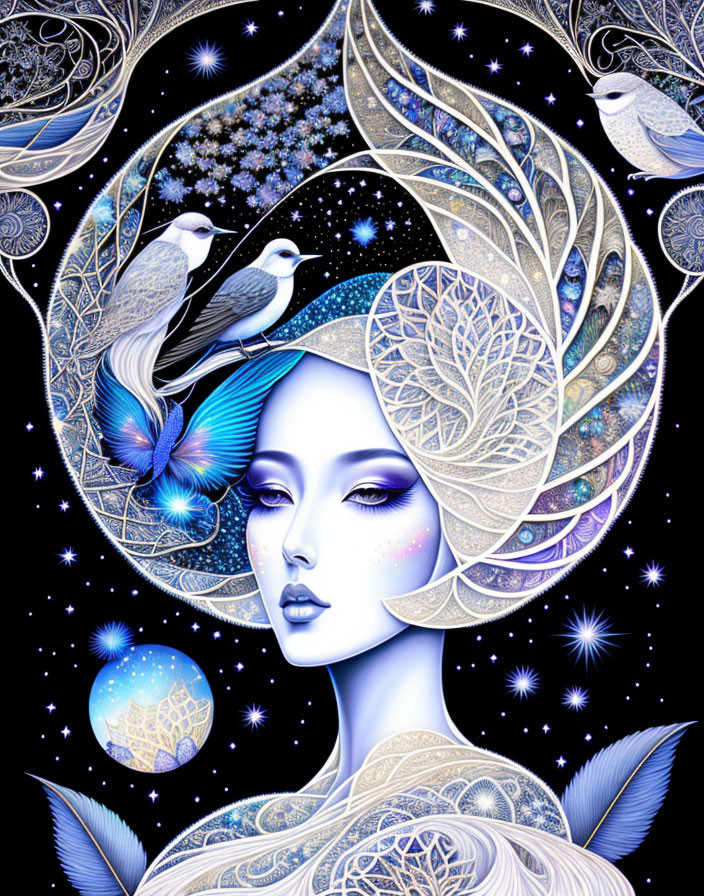 Violet-haired woman surrounded by celestial motifs and birds on cosmic backdrop